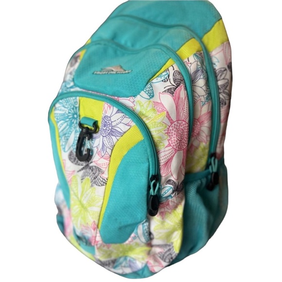 High Sierra Suspension Padded Strap Backpack Green Yellows Pinks Camp Travel - Picture 2 of 11